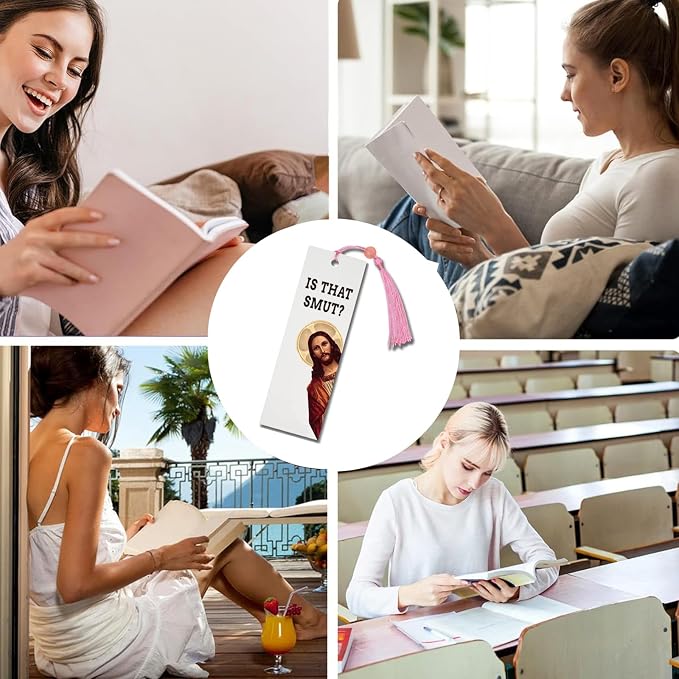 Peeking Jesus is that Smut?Bookmark Inscribed with Hilarious Text and Tassels for Book Lovers,Funny Bookmarks for Adults Humor(Pink-A)