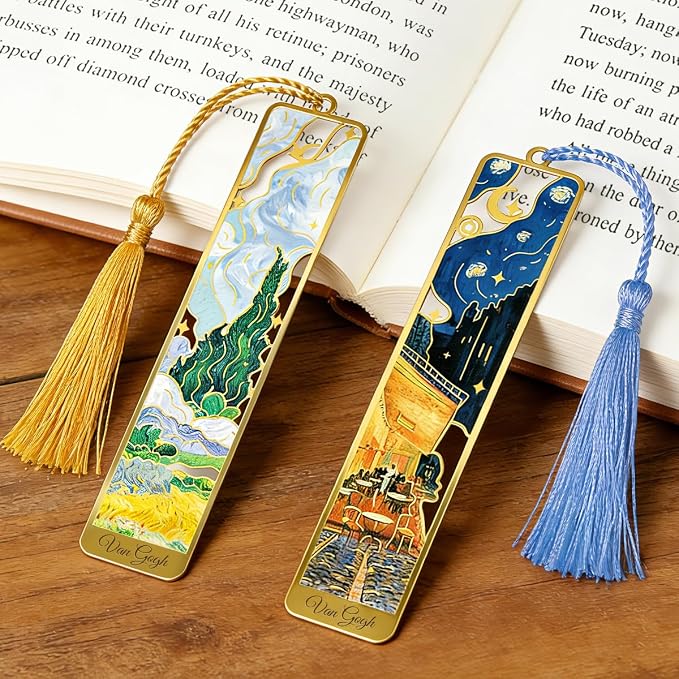 KInsound 8pcs Metal Bookmarks with Tassel, Golden Van Gogh Monet Oil Painting Theme Cute Book Markers for Reading Women, Men, Kids, Book Lovers, Reading Accessories Gifts for Book Lovers