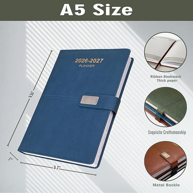 2026-2027 Daily Planner - One Page per Day, 2026-2027 Hourly Daily Calendar(July 2026 - June 2027), 5.7" x 8.26" Appointment Book, Leather Cover + Thick Paper (26-27 Blue)