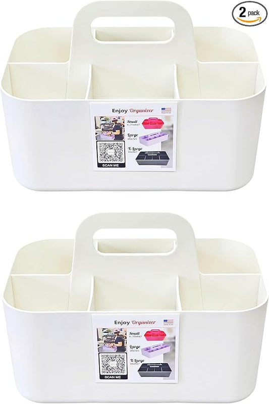 2 Pack Small 6 Compartment Multiuse Caddy Organizer with Handle Art Craft Supplies, Office, Desk, Stationery Pen Holder Stackable- Made In USA (Ivory)