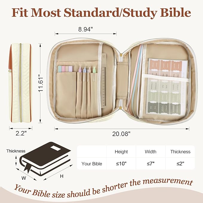 Ndsox Bible Cover Case with Handle for Women, Quilted Fabric & Vegan Leather Carrying Book Case Church Bag Bible Study Supplies Accessories Christian Gifts for Mother Lady Women Men, Brown & Apricot
