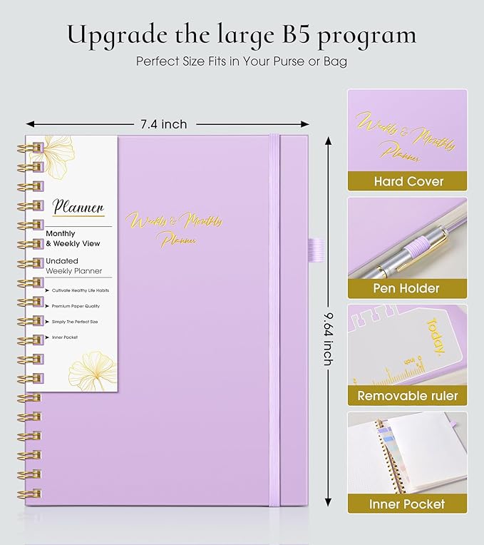 Undated Weekly and Monthly Planner, B5 Large Weekly To Do List Notebook with Goal & Habit Tracker Organizer, Hardcover Spiral Bound Blank Monthly Planner for Work School Home 7.4" x 9.64"Purple