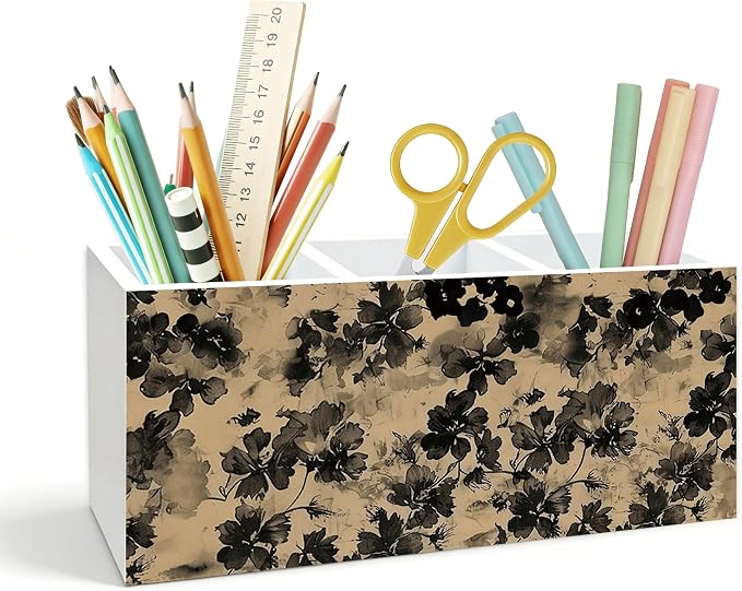Vintage Black Floral Pen Holder for Desk, Retro Neutral Botanical Ink Flower Wooden Box Pencil Pen Holder Organizer for Home Office Desk Accessories