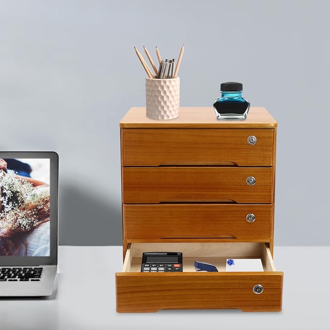 Desktop Storage Organizer Countertop Storage Cabinet with Lockable Drawers Wooden Desk Organizer for Office Supplies File Jewelry Accessories (4 Tiers)