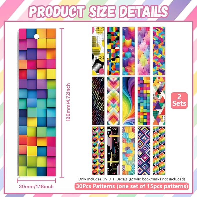 Peacoblue 30pcs UV DTF Bookmarks Transfer Stickers Wraps Color Cube Stack for Women Men Reading, Waterproof Bookmarkers Decal(No Blank Bookmarks) for Acrylic Plastic Metal Blank Bookmark