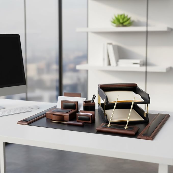 Dacasso Walnut and Black Leather Desk Set, 10-Piece, 34" x 20"