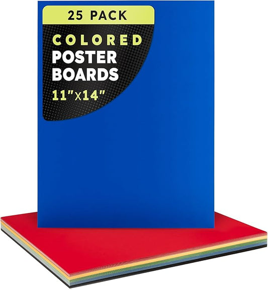 Hygloss Medium Colored Poster Board 11x14-25 Assorted Standard Color Bulk Pack - Red, Yellow, Green, Blue, Black - 10 Pt. Thickness Poster Board Paper, Posterboard Multipack 11" x 14"