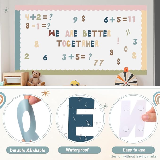 221 Pcs Boho Bulletin Board Letters, Square Font Alphabet Number Punctuation Symbol Combo Letter Cutouts, Boho Classroom Decor for School Classroom Chalkboard Poster Bulletin Board Wall