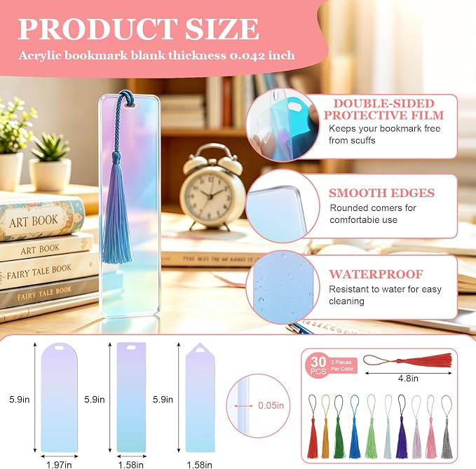 90Pcs Acrylic Bookmark Blanks Kit,30 Set Iridescent Clear Acrylic Bookmarks with 30 Tassels & 30 Self-Adhesive Bags for DIY Crafting Projects and Book Lovers Gifts