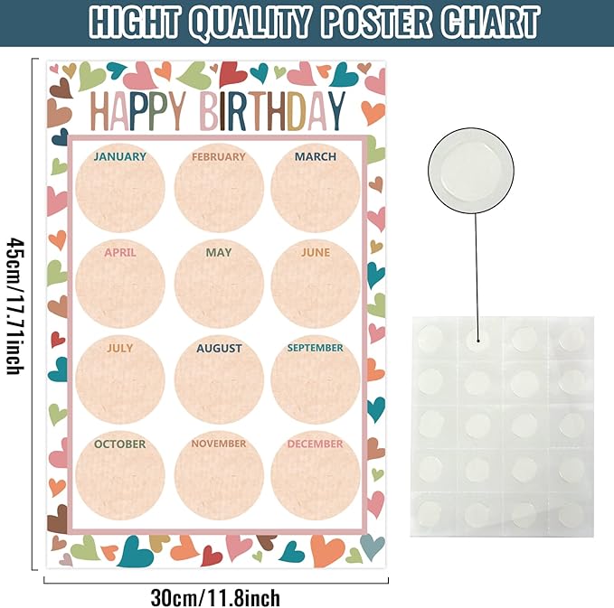 Happy Birthday Chart for Classroom, 2Pcs Boho Birthday Poster Decoration 17’’ x 12’’ Boho Birthday Cake Calendar Cutouts for School Bulletin Board, Chalkboards, Wall Decor