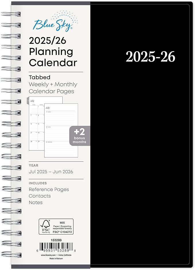Blue Sky 2025-2026 Weekly and Monthly Academic Year Planner Calendar, July 2025 - June 2026, 5" x 8", Flexible Cover, Wirebound, Laminated Tabs, Enterprise