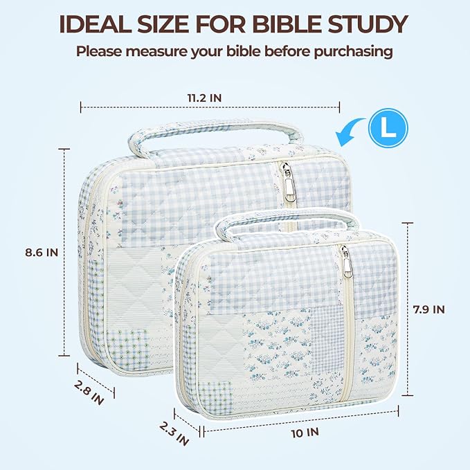 Quilted Bible Cover Case for Women with Bible Study Supplies Journaling Kit Floral Bible Bag Carrying Case with Pastel Highlighters Tabs, Women Christmas Christian Gifts (Green Blue Pin, L)