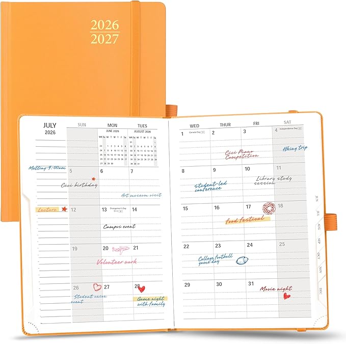 POPRUN Monthly Planner 2026-2027, 6.25" x 8.5", 18 Month (Jul 2026 - Dec 2027) Calendar Book, Academic Calendar Planner with Monthly Tabs, Inner Pocket, Hard Cover, 100GSM Paper - Orange