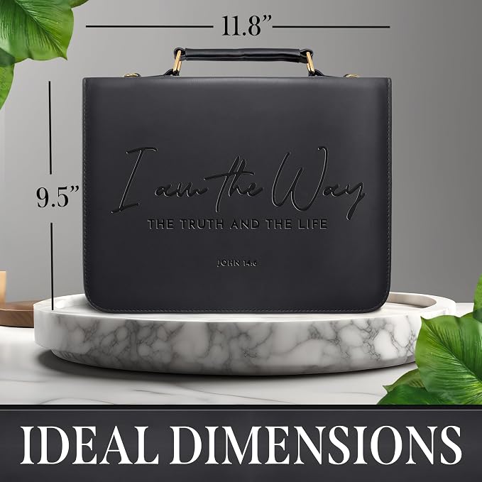 Premium Black PU Leather Bible Case with Embossed Scripture9.5¨x11.8– “I Am The Way, The Truth and The Life”- Matte Finish, 3Layer Construction, Detachable Strap, Matching Bookmark with Ribbon