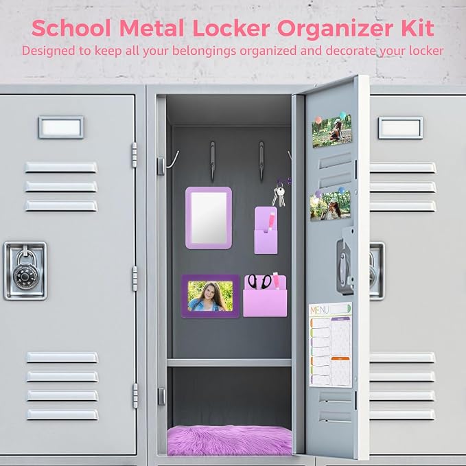 OMISTAR 22 Pcs Locker Organizer Kit - Purple Locker Accessories with Locker Shelf Magnetic Mirror Small Whiteboard Adsorptive Buttons Markers Phone Frame Hook,Back to School Essentials Decorations