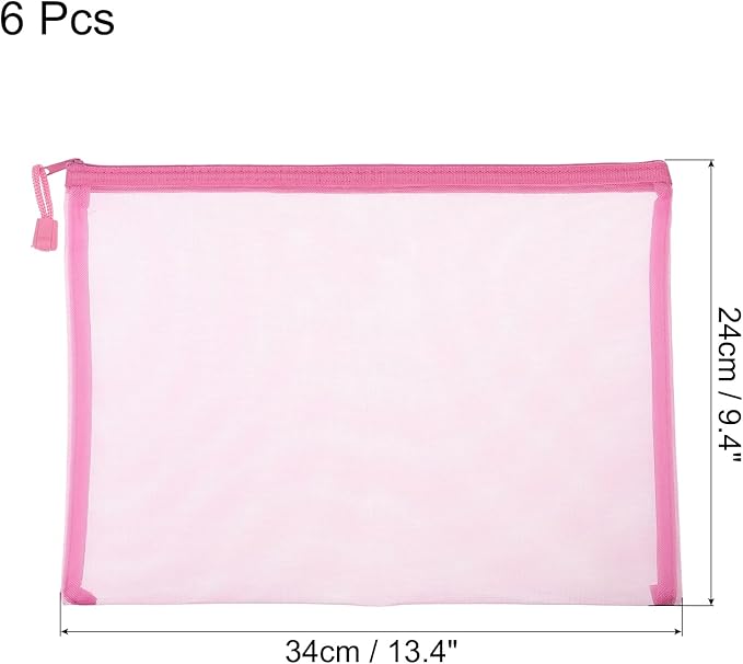 MECCANIXITY Mesh Zipper Bags, A4 Nylon Zip Pouch Pencil Case Storage Pockets for Travel Office Accessories, Pink Pack of 6