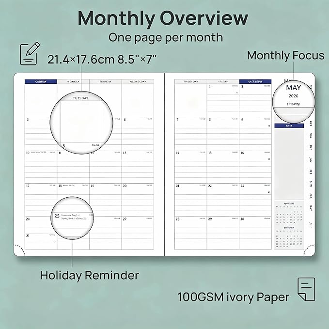 POPRUN Weekly Planner 2026-2027(Medium 7" x 8.5"), 30-Minute Hourly Appointment Book (July 2026-June 2027) with Monthly Tabs, Inner-pocket, Pen Holder, PU Leather Softcover - Black
