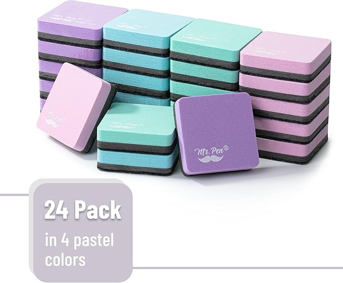 Mr. Pen- Mini Magnetic Dry Erase Erasers, 2" x 2", 24 Pack, Colorful Small Magnetic Whiteboard Dry Erase Erasers Bulk for Kids, Teachers, Students and Classroom Supplies