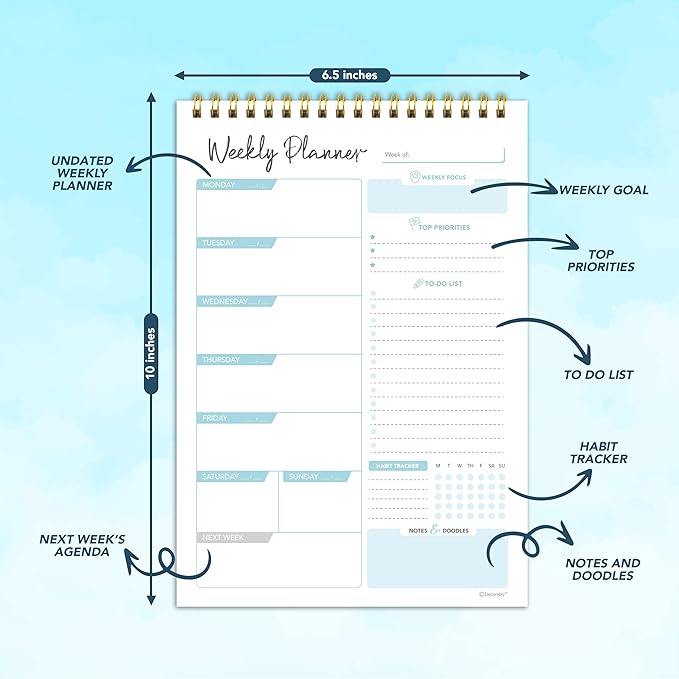 Decorably 52 Sheets Blue Undated Weekly Planner Only Day Sheets Journal - 6.5x10in Spring-Bound, Easy Tear-Off Design, with Focus, Priorities, to-do List, Habit Tracker & Notes - Home, School, Office
