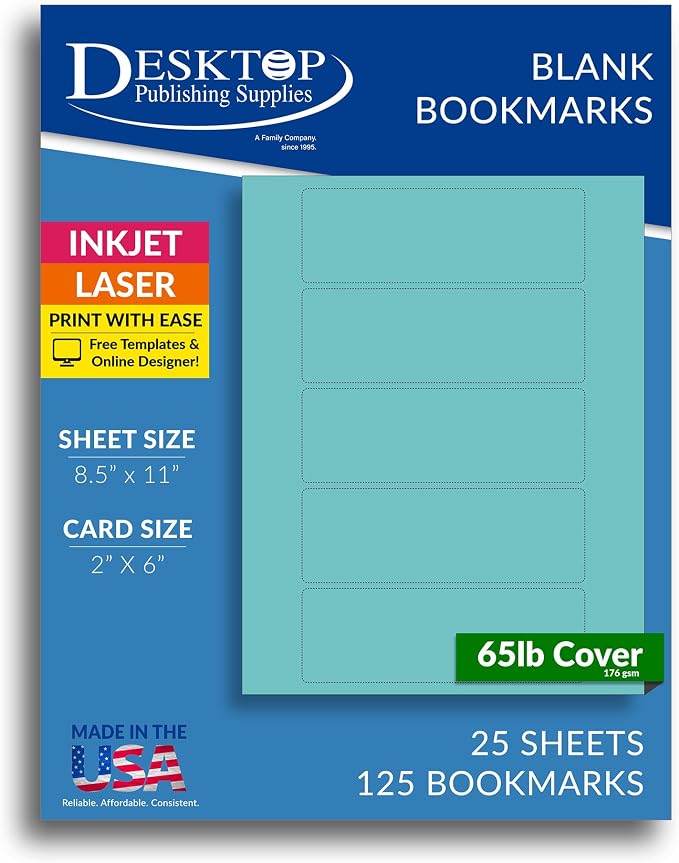 Printable Bookmarks - Blank Bookmark Printing Paper for Inkjet & Laser Printers - 2" x 6" Perforated Bookmarks 5 per Page - 25 Sheets / 125 Book Marks (Bright Blue)