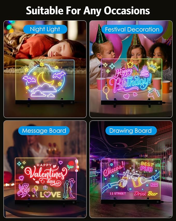AMIR LED Note Board with Colors, 13.7“x10” LED Drawing Board Acrylic Dry Erase Board with 4 Light Colors, Brightness Adjustment, Stand, 7 Markers, 5 Copy Drawings Message Board for Home or Decor