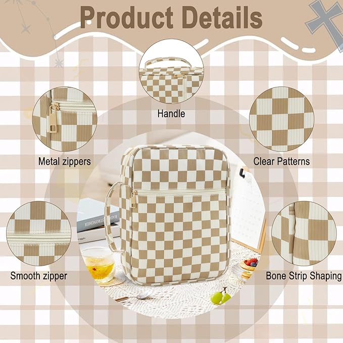 Zkptops Bible Cover Case for Women Girls Large Bible Bag Cotton Quilted Checkered Bible Carrying Case with Zipper Pocket and Handle Carrying Book Cover for Christian Study Supplies Christian Gift