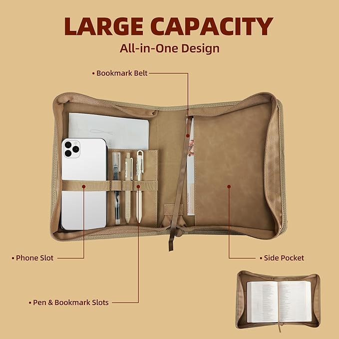 Bible Cover Case for Women, Bible Bag with Phone Pocket, PU Leather Large Carrying Book case with Minimalist Debossed Design – Christian Bible Accessories for Girls & Women (Brown)