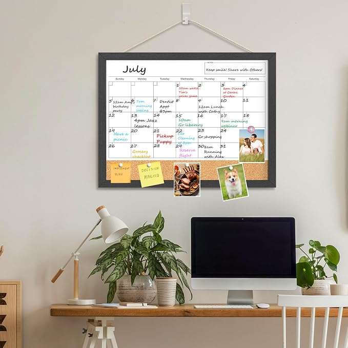 Dry Erase Calendar for Wall, 18x24 Inches Calendar Whiteboard for Wall, Magnetic Monthly White Board Corkboard with Wood Framed, Hanging Dry Erase Board for Kitchen Home Office School Planner