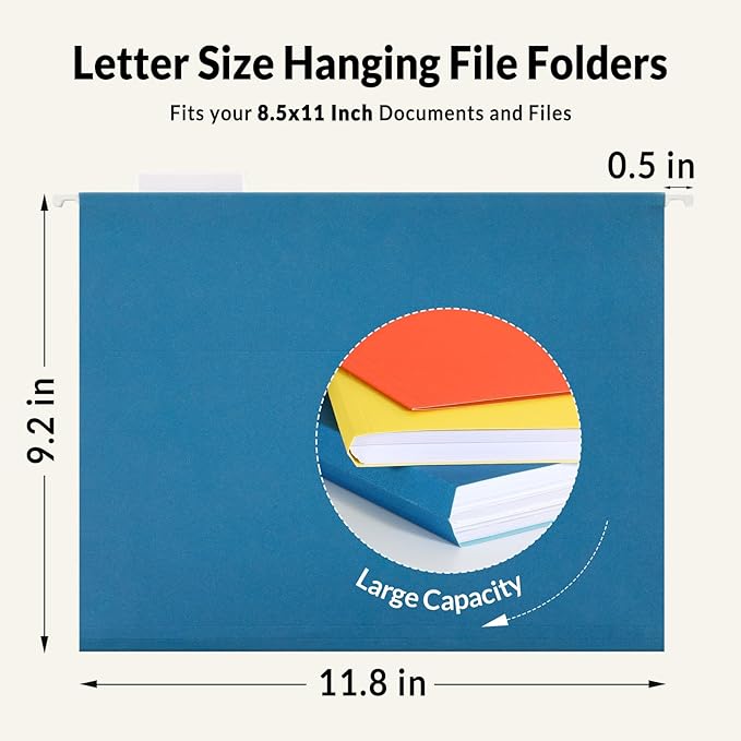 SUNEE Hanging File Folders, Assorted Colors - 75 Pack, Colored File Folders Letter Size with 1/5-Cut Tabs, Ideal for Organizing Home and Office Documents