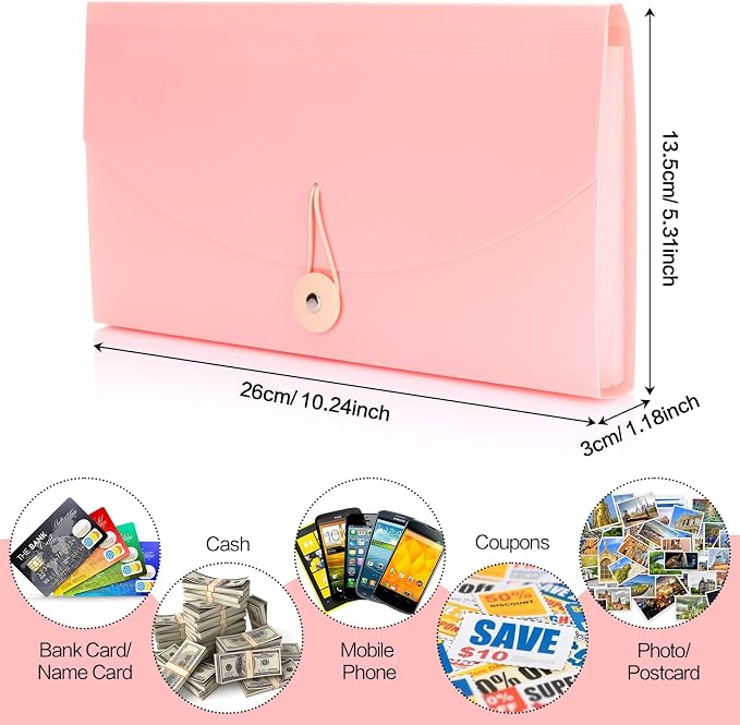 Oak-Pine 13 Pocket Receipt Folder/Accordion File Organizer/Plastic Check Bill File Folder/Expanding File Folder/Expanding Coupon Organizer with Labels/Document Organizer Folder (Pink)
