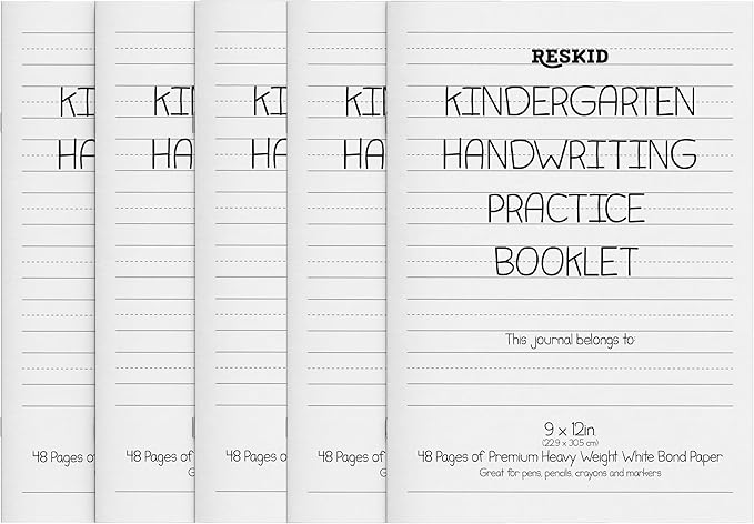 Reskid 5-Pack of 48-Page Kindergarten Writing Paper Booklets with Dotted Lines - 240 Pages of Blank Handwriting Practice Paper - Kindergarten Notebook, Elementary Lined Writing Paper