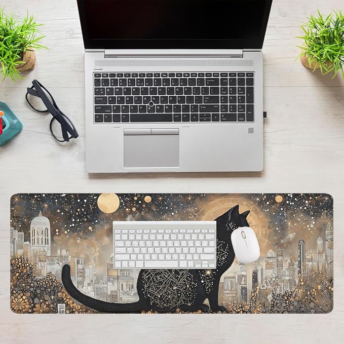 Galaxy Cat Desk Mat Gaming Mouse Pad Mystic Night Celestial Art Extended Gaming Mousepad Mat with Stitched Edge Non-Slip Base Big Mousepad Office Home Decor for Women Girl 31.5"x11.8"