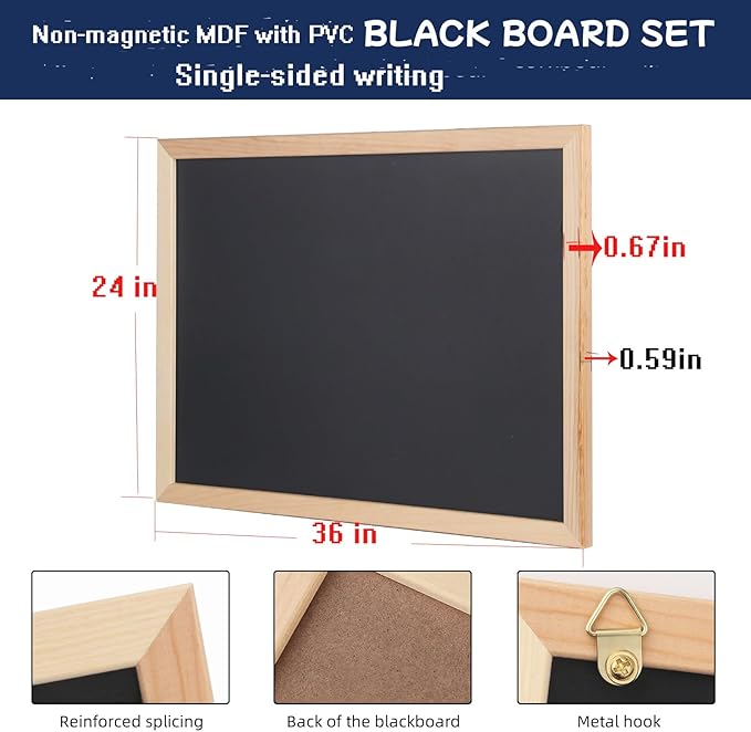 Wooden Frame Chalkboard, Wall-Mounted Blackboard with Natural Wood Border, Black Writing Surface, 36x24 Inches, Non-Magnetic, MDF with PVC Laminate (24 * 36")