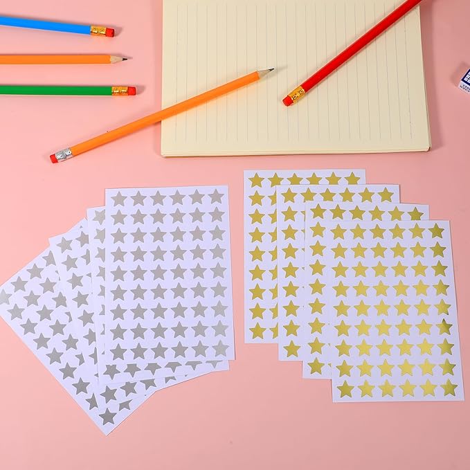 2160PCS Silver Gold Star Stickers, 40 Sheets Gold Star Stickers for Kids Reward 1.3cm/0.5 Inch Small Stars Sticker Mini Incentive Stars Sticker for Kid School Reward Crafts Decoration(Golds, Silver)