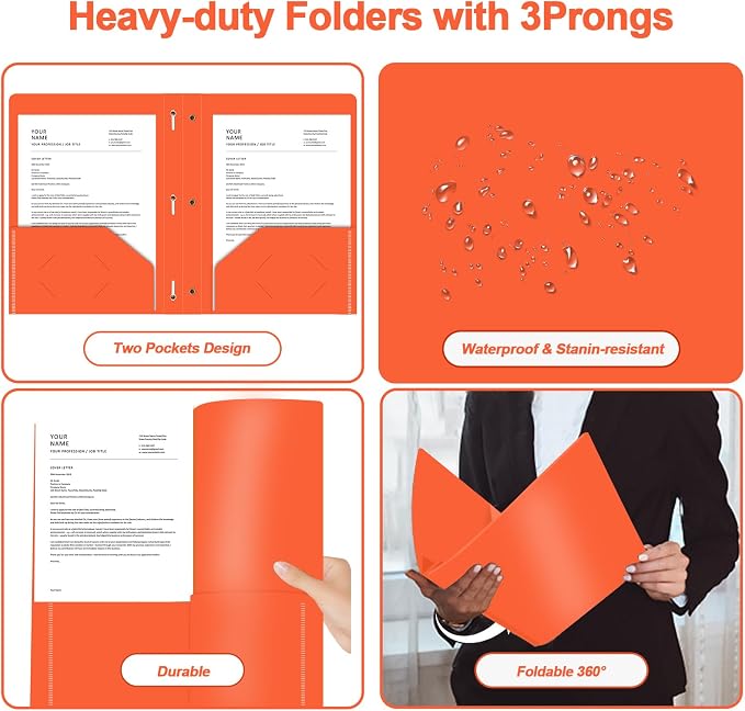 Two Pocket Folders with Prongs, LAYZZ 60 Pack Poly Plastic Folders, Heavy Duty Plastic Folders with Pockets and Prongs, Letter Size, for Offices and Schools (Orange)