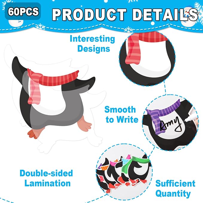 60Pcs Winter Penguin Paper Cutouts Winter Bulletin Board Decoration Colorful Penguin DIY Photo Craft Cutout Christmas Classroom Supplies for Teacher Student School Holiday Party Chalkboard Wall Decor