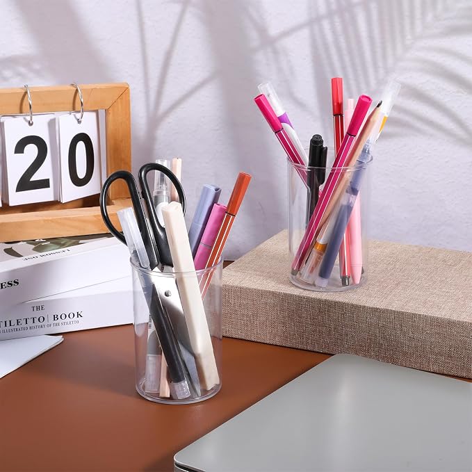 2 PCS Round Acrylic Pen Holder, Cylinder Container Organizer, Pencil Holders, Clear Round Makeup Brush Holder, Desk Accessories for Cosmetics, Toothbrush, Crayons, Utensils