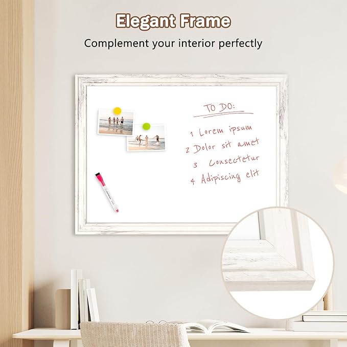 DOLLAR BOSS Magnetic Whiteboard for Wall 36" x 24" Vintage Wood Framed White Board Decorative Dry Erase Board for Home Office Shop Decor Display with 4 Markers, 8 Magnets, 1 Eraser, Vintage White