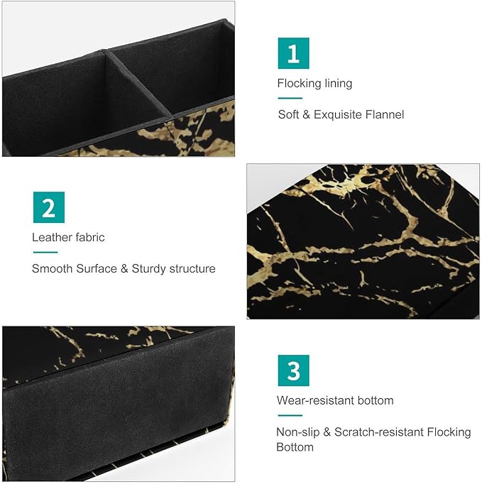Pen Pencil Holder Gold Marble Black in PU Leather, Multi-Functional Pencil Container with Anti Slip Bottom for Home Office, Square Pen Holder