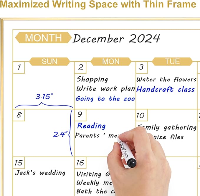 ARCOBIS Monthly Calendar Whiteboard for Wall, 24" x 18" Magnetic Dry Erase Calendar with Gold Frame, Wall Hanging Planner for Home, Office, School