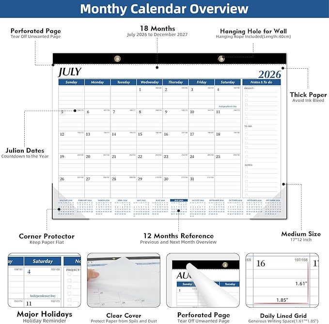 Tcamp Desk Calendar 2026-2027, Large Desktop/Wall Monthly Calendar (Jul. 2026 - Dec. 2027) 17'' x 12'' School Year Desk Planner for Home School Office Desktop