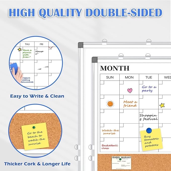 Large Monthly Dry Erase Calendar Whiteboard for Wall, 48" x 36" Double-Sided Big Calendar White Board Cork Board Combo, Aluminum Framed Month Planning Bulletin Board for Office, School, Home