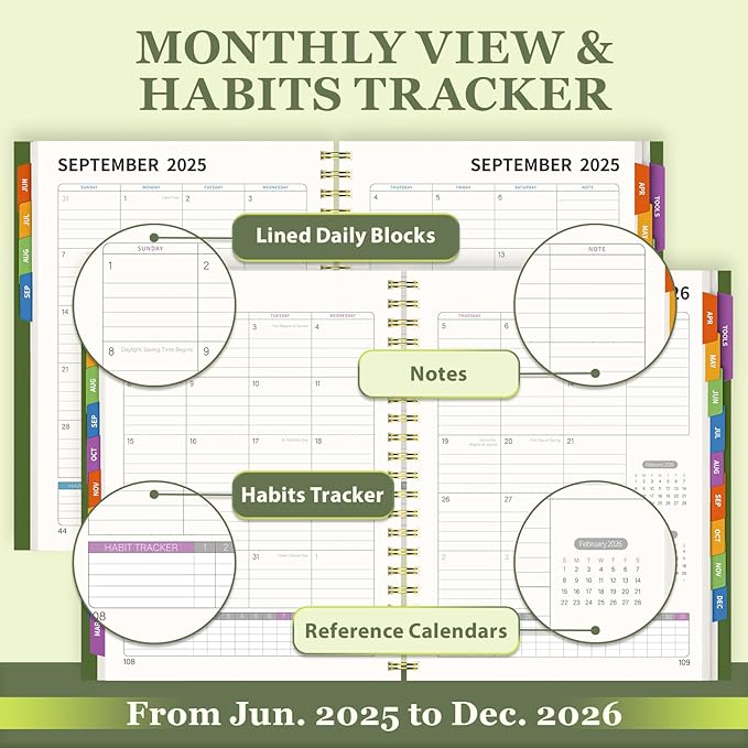 19 Months Planner, 2026 Weekly & Monthly Planner, 8.5"×11" Daily Weekly Monthly Calendar Planner, June 2025-Dec 2026 Organizers with Habit Tracker for School & Office, Colored Tabs, Stickers, Pocket, Ruler Bookmark-Green