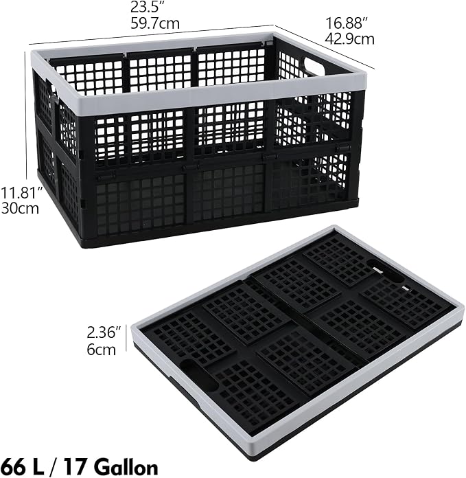3 Packs Collapsible Milk Crates, Plastic Folding Storage Containers, Stackable Storage Baskets for Organizing, 23.5" x 16.88" x 11.81", 66 L, Black