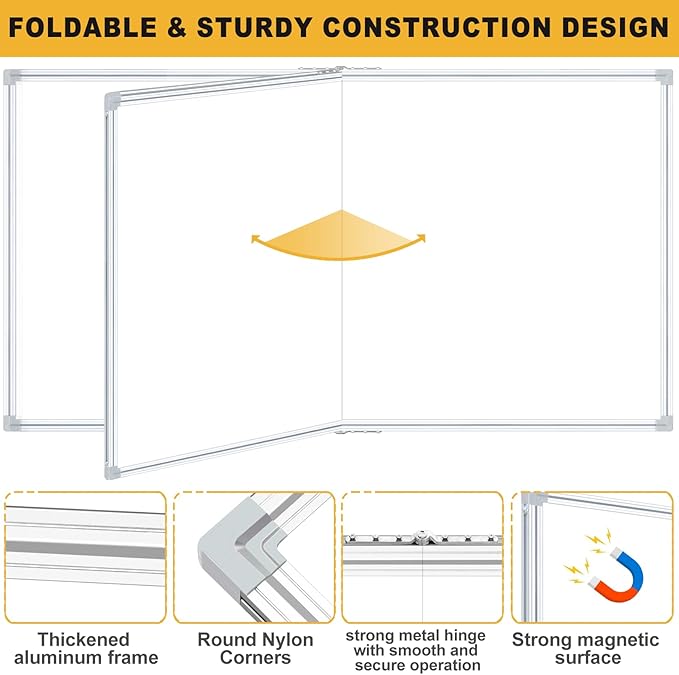 72"x40" Magnetic Whiteboard for Wall, Foldable 6x3.5 Ft Dry Erase Board Aluminum Frame Hanging White Board for Classroom, Office & Home Studio, Full Accessory Kit Included