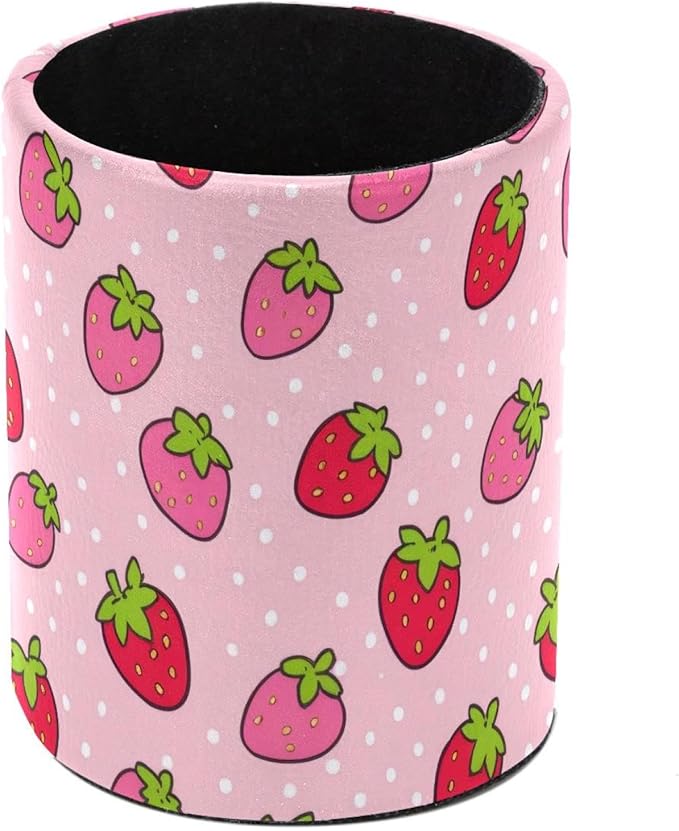 Pen Pencil Holder for Desk, Strawberry Makeup Brush Holders Leather Pen Organizer Pencil Caddy for Office Home Art Supply