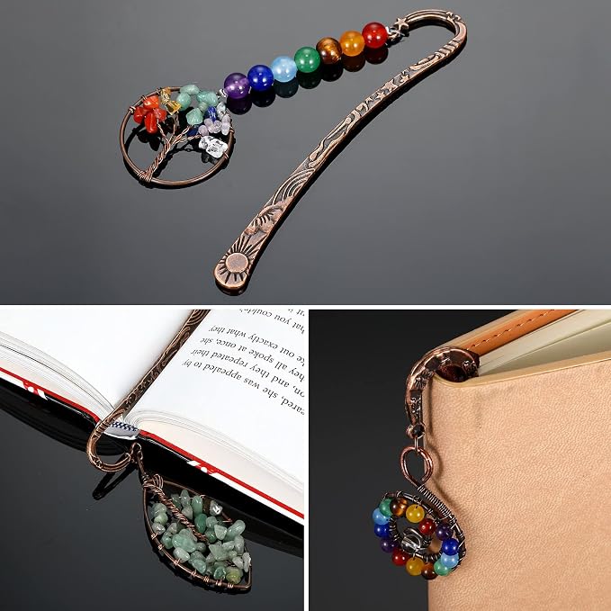 4 Pcs 7 Chakra Crystal Bookmark Antique Copper Metal Beading Healing Stone Vintage Bookmarks Tumbled Gemstones Book Markers for Student Office Birthday Present(Fresh Style)