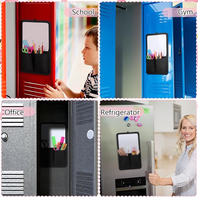 Briwooody Magnetic Locker Organizer 7.8 x 12.6 Inch Locker Accessories Magnetic White Board with Holder Bag Back to School Holder Bag First Day of School Supplies for Cabinet Refrigerator(Black)