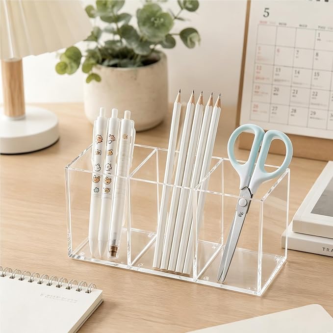 2-Pack Clear Acrylic 3-Compartment Organizer, Pen Holder for Desk, Makeup Brush Holder, Remote Control Holder,