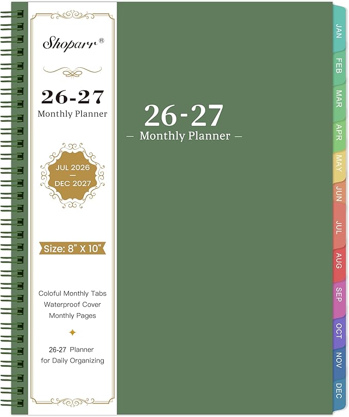 Planner 2026-2027 - 2026-2027 Monthly Planner, JUL 2026-DEC 2027, Monthly Planner/Calendar 2026-2027 with Colorful Tabs, 2026-2027 Calendar Planner for Daily Organizing - Waterproof Cover (8" x10", 12 Month Pages & Notes, Moss green)